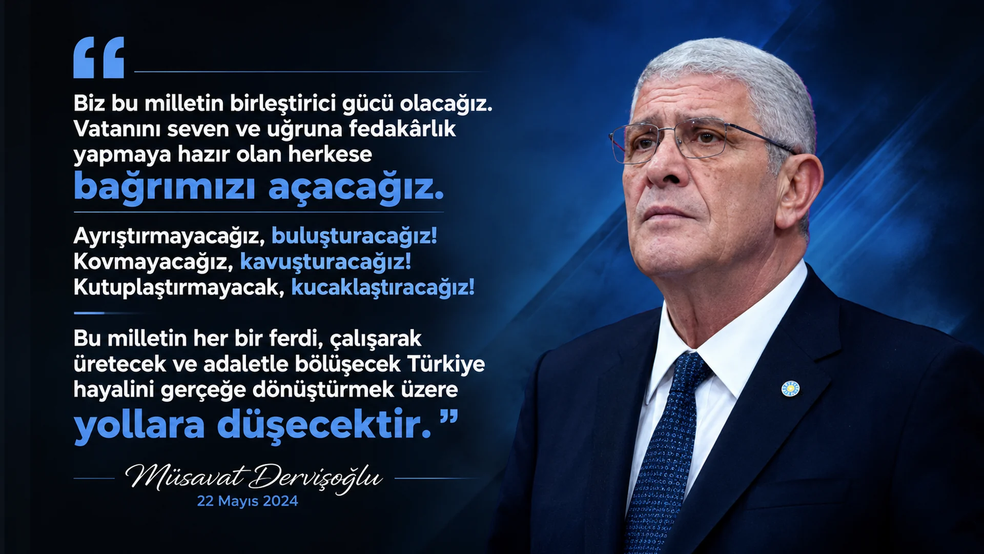 Müsavat Dervişoğlu'nun birlik, adalet ve toplumsal bütünleşme vurgusunu içeren slider görseli
